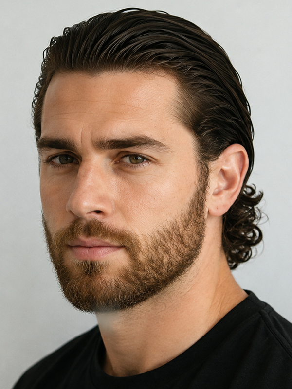 Slick back classique brillant sur un homme aux cheveux foncés