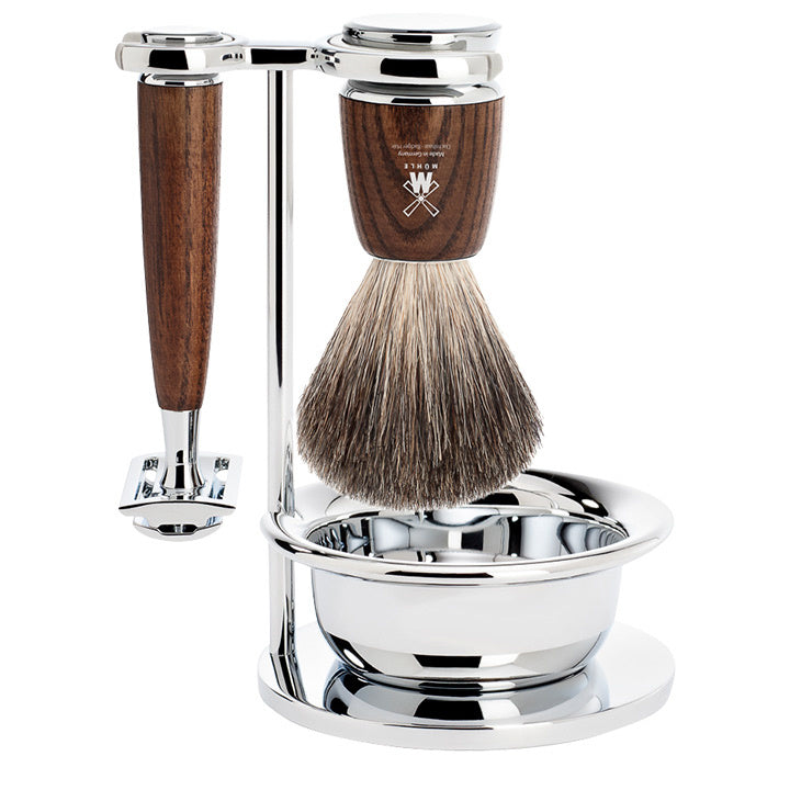 Mühle Rytmo Ensemble de Rasage de Sûreté (4 pc.) – Blaireau Pur – Frêne Vapeur